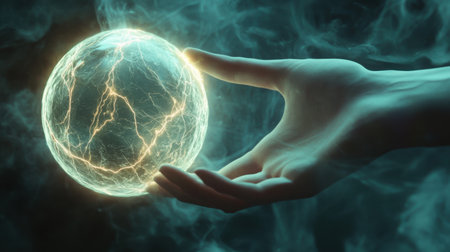 A conceptual image of a human hand touching a glowing electric sphere, symbolizing connection and energyの素材