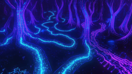 Abstract image of electric currents flowing through a circuit board, glowing pathways in neon blueの素材