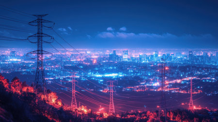 A glowing city skyline at night powered by electricity, with visible grids and electric towers in the distanceの素材