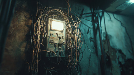 Electricity flowing through tangled wires in an old fuse box, chaotic yet vitalの素材