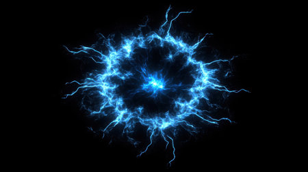 A burst of electric energy with blue lightning patterns on a black background, visualizing raw powerの素材