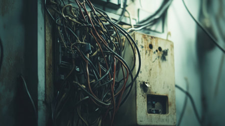 Electricity flowing through tangled wires in an old fuse box, chaotic yet vitalの素材