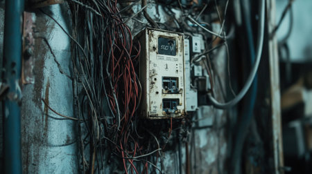 Electricity flowing through tangled wires in an old fuse box, chaotic yet vitalの素材