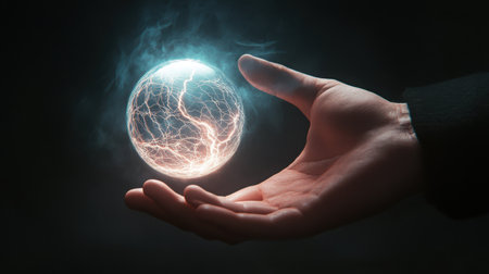 A conceptual image of a human hand touching a glowing electric sphere, symbolizing connection and energyの素材