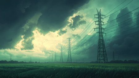 Electric transmission towers across a green field under a moody sky, blending nature and technologyの素材
