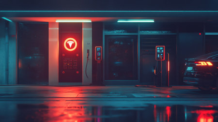 EV charging station powering up an electric vehicle with animated power symbols on screenの素材