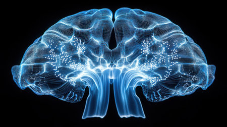 Radiant electronic brain blueprint glowing over a black background, symbolizing deep techの素材