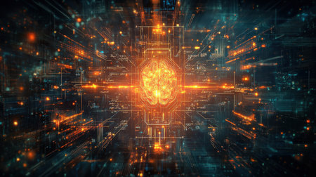 Digital brain composed of luminous circuits and microchips, pulsing with energy in a dark spaceの素材