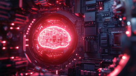 Futuristic concept of brain-machine interface with circuitry lighting up from the insideの素材