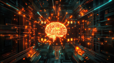 Futuristic concept of brain-machine interface with circuitry lighting up from the insideの素材