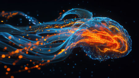 Tech-inspired brain composed of glowing fiber-optic cables and flowing electrical pulsesの素材