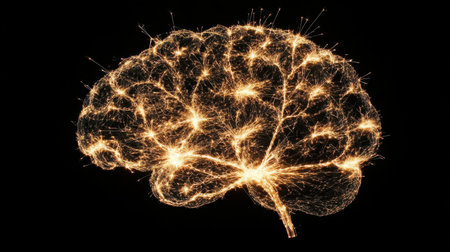 Illuminated neural network shaped like a brain with sparks of electricity firing at each nodeの素材