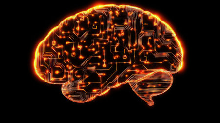 Futuristic glowing brain formed by circuit lines and data points, symbolizing smart tech evolutionの素材