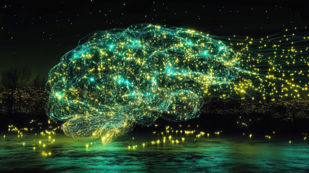 Electric data streams forming a brain-shaped network, pulsing in sync with flowing binary codeの素材