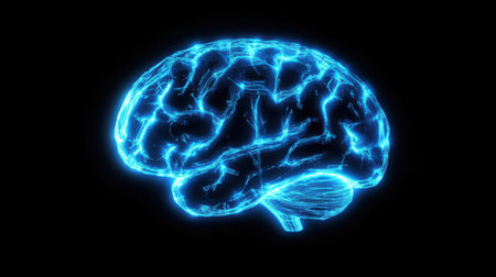 Virtual reality brain interface glowing in cyber blue, symbolizing the mind merging with techの素材