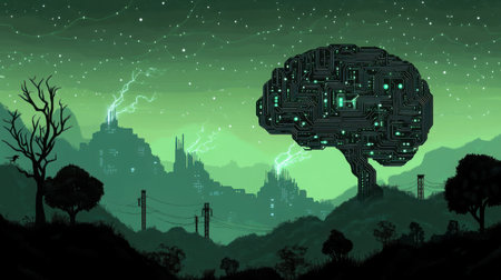 Digital landscape with a brain silhouette made of circuits and electric flashes illuminating itの素材