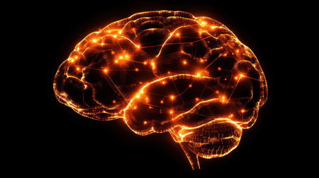 Radiant electronic brain blueprint glowing over a black background, symbolizing deep techの素材