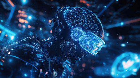 Virtual reality brain interface glowing in cyber blue, symbolizing the mind merging with techの素材