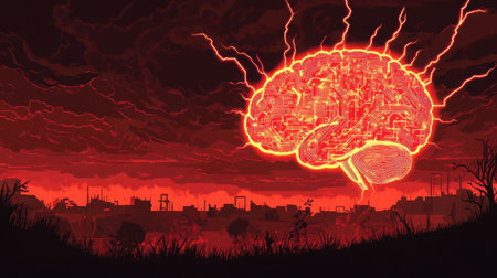 Digital landscape with a brain silhouette made of circuits and electric flashes illuminating itの素材