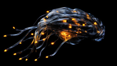 Tech-inspired brain composed of glowing fiber-optic cables and flowing electrical pulsesの素材