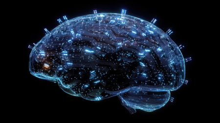 Futuristic glowing brain formed by circuit lines and data points, symbolizing smart tech evolutionの素材