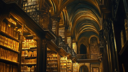 A quiet, grand library hall with rows of tall shelves packed with old books and ornate detailingの素材