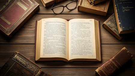 Overhead shot of an open book beside a stack of antique volumes and reading glasses on woodの素材