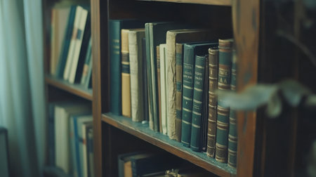 A neat bookshelf with alphabetically arranged titles and a subtle vintage color toneの素材