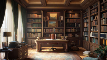 A wall-to-wall bookshelf filled with timeless literature in an old-world study roomの素材