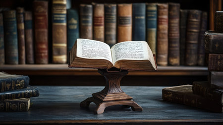 A single book open on a reading stand with handwritten pages, surrounded by ancient tomesの素材