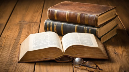 Overhead shot of an open book beside a stack of antique volumes and reading glasses on woodの素材