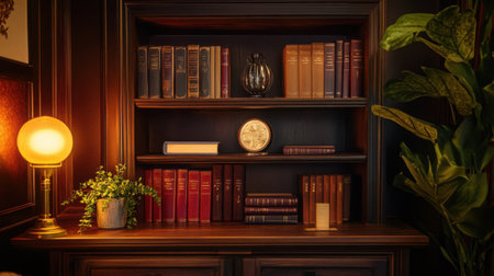 Classic wooden bookshelf filled with antique leather-bound books under warm, moody lightingの素材