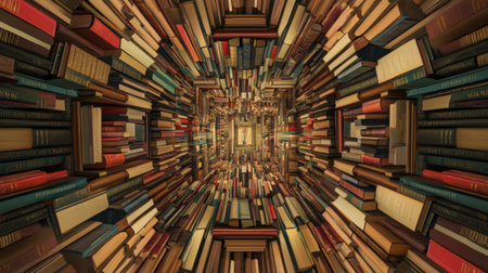 Elegant book arrangement with symmetrical rows of classics, encyclopedias, and poetry collectionsの素材