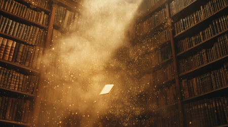 Dust particles floating in golden light in front of tall, old bookshelves full of historyの素材