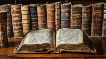A single book open on a reading stand with handwritten pages, surrounded by ancient tomesの素材