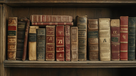 A neat bookshelf with alphabetically arranged titles and a subtle vintage color toneの素材