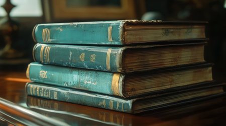 Close-up of stacked hardcovers with faded spines and gold lettering, resting on a polished tableの素材