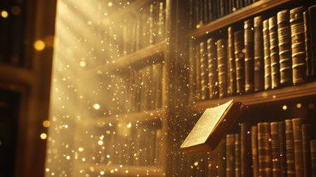 Dust particles floating in golden light in front of tall, old bookshelves full of historyの素材