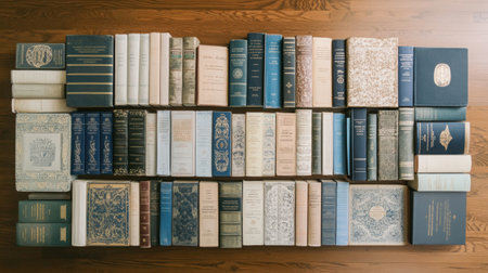 Elegant book arrangement with symmetrical rows of classics, encyclopedias, and poetry collectionsの素材