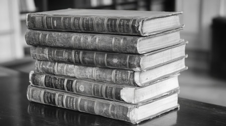 Close-up of stacked hardcovers with faded spines and gold lettering, resting on a polished tableの素材
