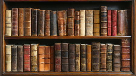 Classic wooden bookshelf filled with antique leather-bound books under warm, moody lightingの素材