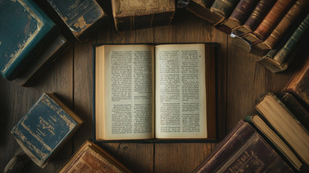 Top-down view of an open book with a bookmark and handwritten notes, resting beside vintage booksの素材