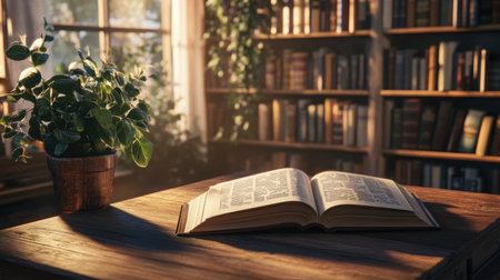Open book on a vintage wooden desk in front of a full bookshelf, lit by soft sunlight from a nearby windowの素材