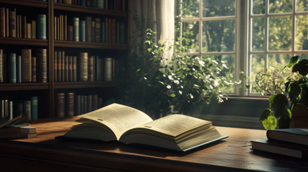 Open book on a vintage wooden desk in front of a full bookshelf, lit by soft sunlight from a nearby windowの素材