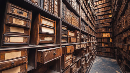 Old card catalog cabinet beneath towering shelves of dusty books in a classic library settingの素材