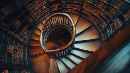 Spiral staircase in the corner of a traditional library, winding up toward more hidden shelvesの素材