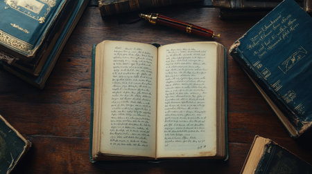 Top-down view of an open book with a bookmark and handwritten notes, resting beside vintage booksの素材