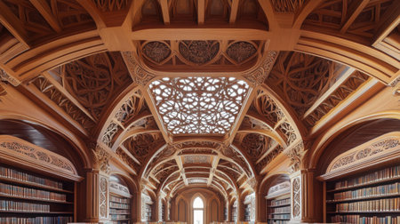 Ornate library ceiling with carved wood and arches above rows of well-organized classic booksの素材