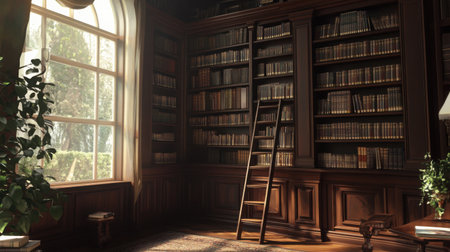 Elegant library corner with a rolling ladder, tall bookshelves, and rich wood texturesの素材