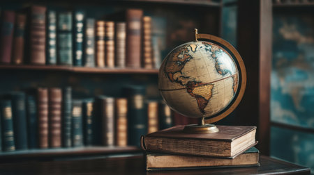 Old globe beside a shelf of reference books and leather-bound classics, set in a quiet studyの素材